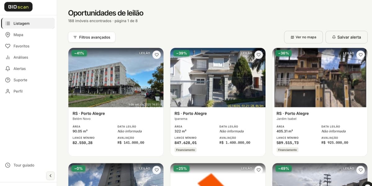Listagem de imóveis do BIDscan — cards com foto, desconto calculado e datas das praças